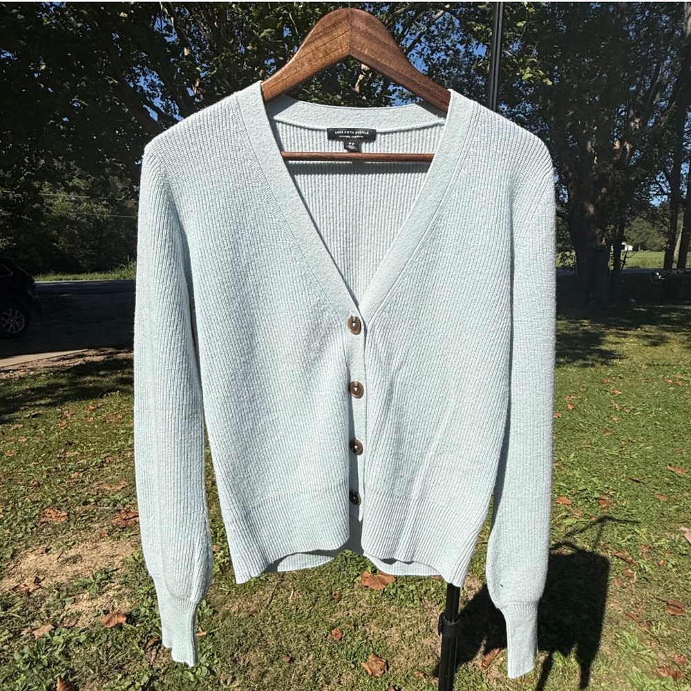 Saks Fifth Avenue 100% Cashmere Ribbed V-Neck Cardigan Sweater Small Light Blue